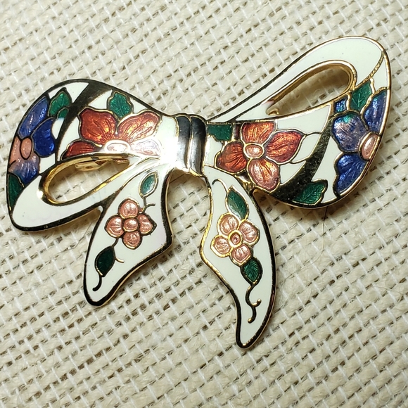 Vintage Jewelry - Vintage Large Cloisenne Bow Brooch Pin Venetian